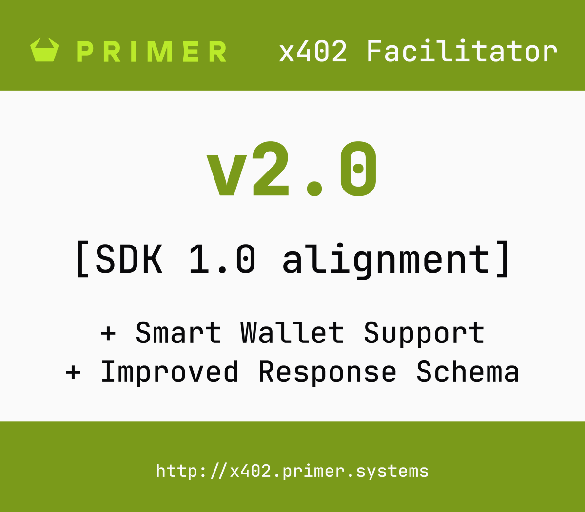 primer_systems's tweet photo. x402 Facilitator v2 upgrade - with the addition of Smart Wallet support. Smart Wallets are a very important concept for agents, allowing delegation of constrained spending authority.

Also includes improved responses/errors &amp; Primer SDK 1.0 alignment.

https://t.co/UTsYoQGBfY https://t.co/J3tn3ptZnz
