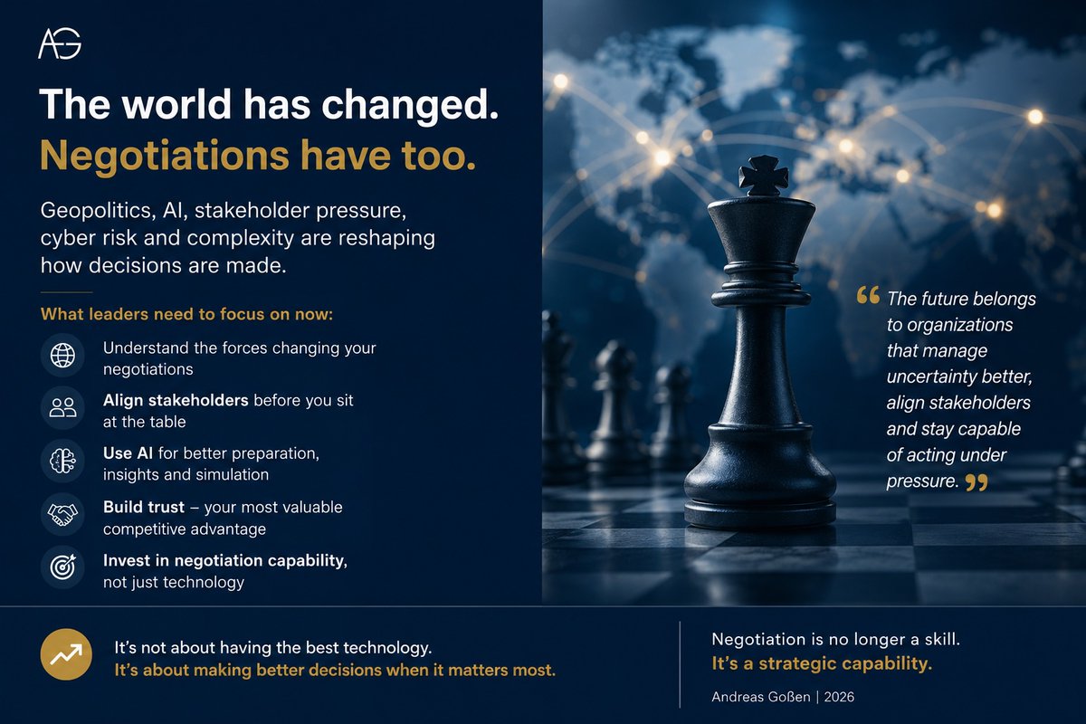 andreasgossen's tweet photo. AI won’t replace great negotiators. It will replace poor preparation. Information is becoming a commodity.
The real advantage now comes from:
• Better preparation
• Better decisions
• Better simulations
• Better governance
The future belongs to organizations that build Negotiation Capability—not just AI capability.
Negotiations are no longer just a skill.They are a strategic capability.
#Negotiation #AI #Leadership #Procurement #Sales #DecisionMaking #Strategy #Governance #CyberSecurity