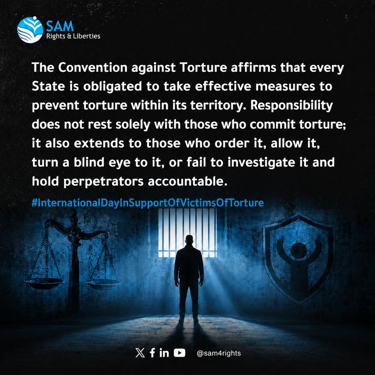 SAM4rights's tweet photo. Those who order torture, tolerate it, or fail to investigate it, share equal responsibility.
Silence is not neutrality. It is complicity.
#InternationalDayInSupportOfVictimsOfTorture https://t.co/RE2DkAAVvR