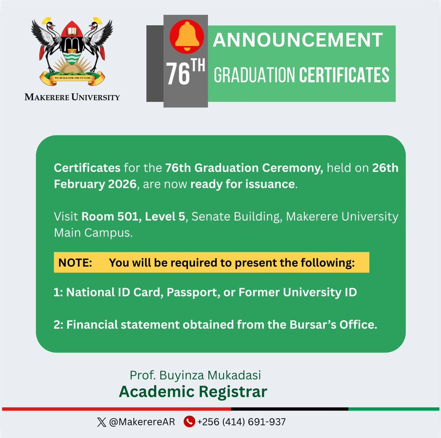 MakerereAR's tweet photo. 📢 Announcement!!

All graduates of the 76th Graduation Ceremony are hereby informed that their academic certificates are now ready for collection.

Please refer to the flyer below for collection details. @MakerereNews, @MakGuild @DOS_Makerere @26guild https://t.co/mHlJScJ5d7