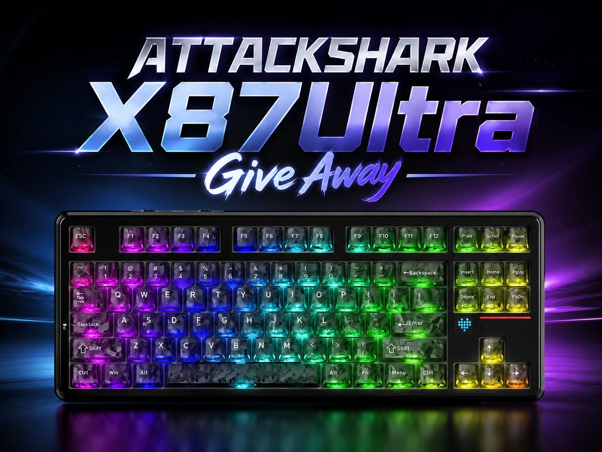 ATTACKSHARKAU's tweet photo. 🎉ATTACK SHARK X87Ultra  Keyboard  Giveaway

🏆PRIZE: 1 Winner will be receiving X87Ultra  Keyboard

👉How to enter: 
1⃣Follow 
@ATTACKSHARKGEAR
@ATTACKSHARKAU

2⃣Like❤️& Retweet🔁
3⃣Tag a friend

📅ENDS ON July  1, 2026

🔆Prize features:
• The "Thock" Stack: 5-layer Premium Dampening for a Pure Sound.
• Flex-Cut FR4 PCB: Gasket Mount for a Soft, Bouncy Feel.
• 10,000mAh Battery: Up to 5,000 Hours of Runtime (LEDs off).
• Custom Mega Shark Switches: Linear, factory-lubed with Integrated Light Guides.
• Dot Matrix: DIY-Customizable screen
• Web-Based Driver: Browser-based Customization.
• South-Facing RGB: 22 Lighting Modes plus Dedicated Side-glow Strips.

👉 Where to buy: https://t.co/Abs1ciuo7p                 
🍀Good Luck!

#giveaway  #gamingkeyboard #ATTACKSHARK