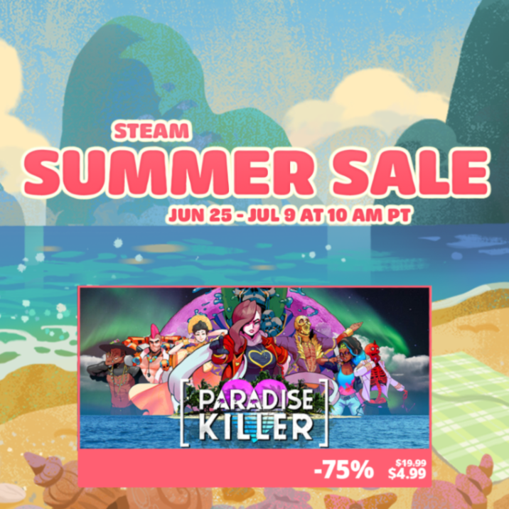 KaizenGameWorks's tweet photo. The ultimate summer vibes are ON SALE! ✨

Cruise around a rural Japanese town in a kei truck with freaks and weirdos (Promise Mascot Agency). 🛻
OR
Wander around a dying world to investigate some messy upper-class drama between freaks and weirdos (Paradise Killer). 🍹

Enjoy! 💗 https://t.co/OZJf1ZGXmj