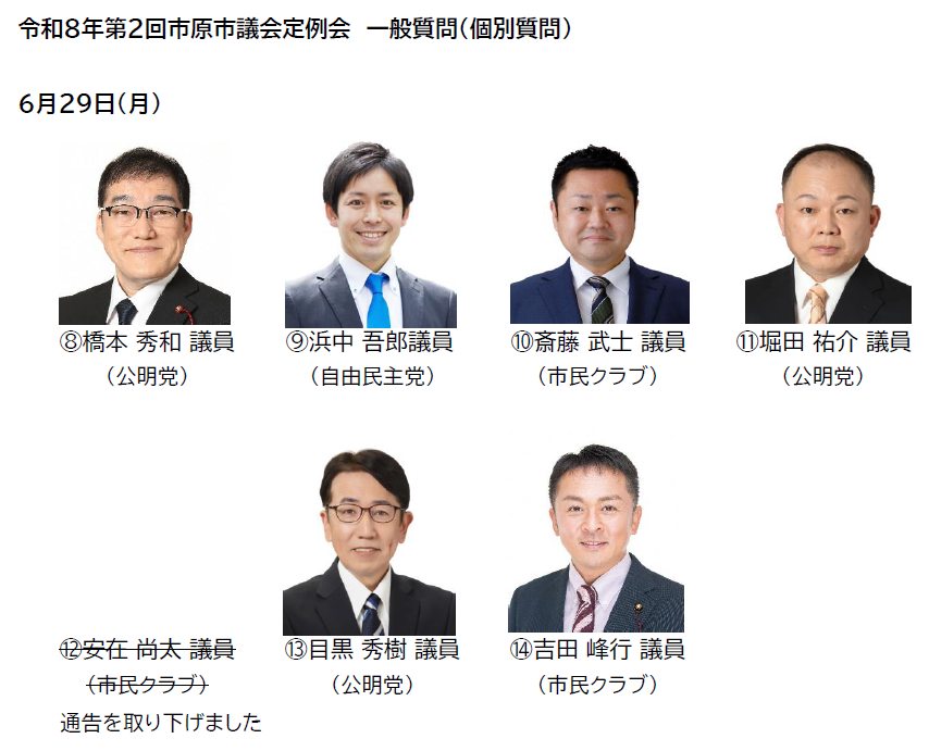 ichihara_gikai's tweet photo. ⑧橋本 秀和 議員（公明党）
⑨浜中 吾郎（自由民主党）
⑩斎藤 武士 議員（市民クラブ）
⑪堀田 祐介 議員（公明党）
⑫（通告を取り下げました）
⑬目黒 秀樹 議員（公明党）
⑭吉田 峰行 議員（市民クラブ） https://t.co/jCD9G9IJJn