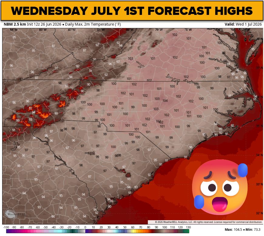 wxbrad's tweet photo. These temperature maps for next week are absolutely brutal. With forecast highs in the 100° to 108° range from Wednesday through the 4th of July, we are looking at a highly dangerous heat event next week. Please Stay Weather Aware! 

Preparing for the next week and the 4th of July Weekend:

Hydrate Continuously

Drink plenty of water throughout the day, even before you feel thirsty. Avoid sugary, caffeinated, or alcoholic beverages, as these can severely accelerate dehydration.
Eat light, easy-to-digest meals like fruits and salads, which help keep your internal temperature down.

Time Your Outdoor Activities

Reschedule strenuous outdoor work, exercise, or yard work to the early morning hours or late evening after the sun goes down. If you absolutely must be outside, take frequent shade breaks, use the "buddy system," and wear lightweight, loose-fitting, light-colored clothing.

Protect the Most Vulnerable

Look Before You Lock: Never leave children, elderly individuals, or pets unattended in a parked vehicle, even for a minute. Temperatures inside a car can reach lethal levels in just 10 minutes. Make it a daily habit to check on elderly neighbors, friends, or family members who live alone or may not have reliable air conditioning.

Keep Your Pets Safe

Limit dog walks to the early morning to avoid burning their paws on scorching asphalt. Ensure all outdoor pets have constant access to fresh, cool water and deep shade throughout the day.

Optimize Your Home Cooling

Keep blinds and curtains closed during peak heating hours to block solar radiation. Change the indoor filters for the HVAC system and make sure the outdoor units are clean and free of debris. Note: Relying solely on portable electric fans when the indoor room temperature exceeds 90° can actually dehydrate you faster. Air conditioning is the safest and most effective way to cool down during an extreme heat wave. #cltwx #ncwx #scwx #wcnc #HeatWave