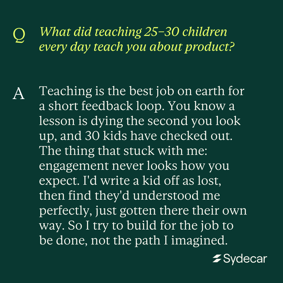 sydecario's tweet photo. Before joining Sydecar, she taught elementary school in Chennai (her classroom ranked in the top 1% in India), co-founded a biomedical device startup that was acquired by Penn Medicine, and led product at a leading impact investing firm. https://t.co/uyas8xC8VM