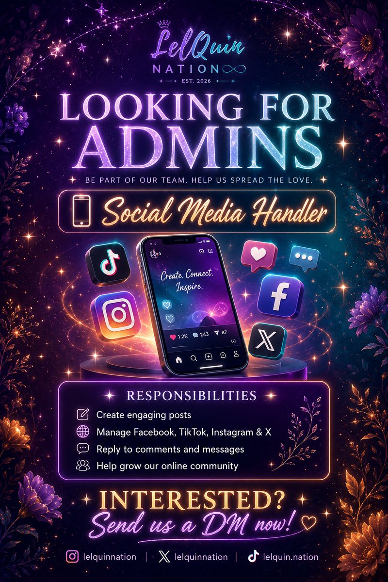 lelquinnation's tweet photo. 📣 Calling all creative and passionate LelQuin supporters!

LelQuin Nation is officially looking for a Social Media Handler to help us create engaging content, connect with fellow supporters and make our online community even more fun and interactive.

If you enjoy creating content, interacting with the community, managing social media platforms, and helping our fandom grow, we'd love to have you on our team!

Interested? Our DMs are open! 💜🩵

#LellaFord | #JoaquinArce | #LelQuin