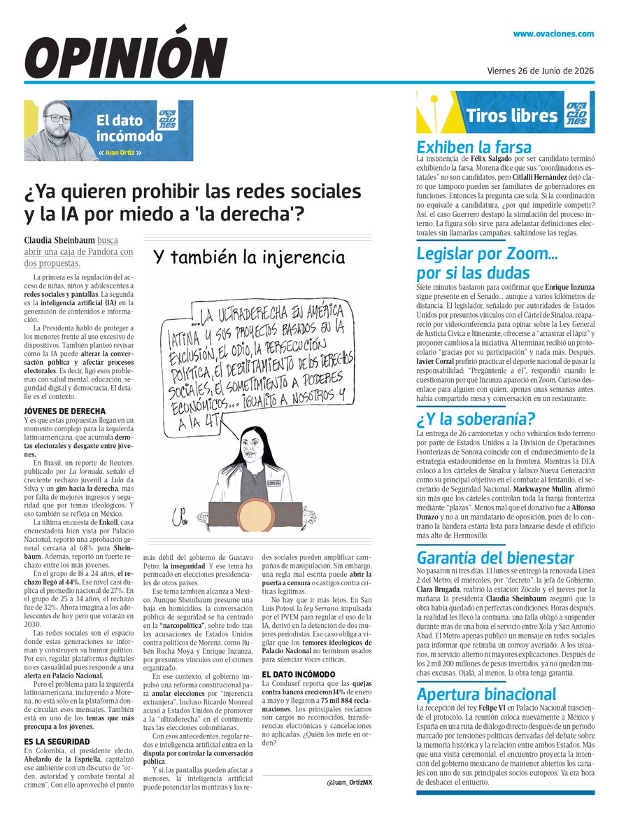 Juan_OrtizMX's tweet photo. 🗳️📌 ¿YA QUIEREN PROHIBIR REDES Y LA IA POR MIEDO A LA DERECHA?

Sheinbaum puso sobre la mesa regular dos cosas.

El acceso de menores a redes sociales.

Y el uso de inteligencia artificial en contenidos.

Esas propuestas surgen en un contexto importante.

La izquierda latinoamericana está perdiendo terreno entre jóvenes.

La Jornada retomó un reporte de Reuters sobre Brasil, donde crece el rechazo juvenil a Lula y el giro hacia la derecha.

En México, Enkoll reportó que entre jóvenes de 18 a 24 años el rechazo a Sheinbaum llega a 44%.

Ahí está la alerta de Palacio Nacional.

Las redes son el espacio donde esas generaciones se informan, se burlan del poder y construyen identidad política.

Regular las redes y la IA por miedos ideológicos puede abrir la puerta a la censura contra voces críticas.

Ya pasó en San Luis Potosí.

La ley Serrano, presentada como regulación de IA, terminó con periodistas detenidas.

▶️ @ovaciones