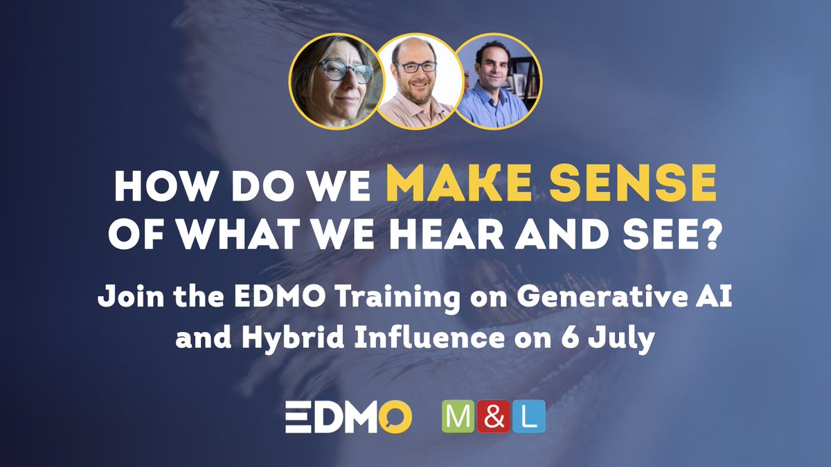 EDMO_EUI's tweet photo. 📢 Register now for the EDMO Training on #GenerativeAI & #HybridInfluence and share this opportunity ⤵️
On 6 July, join @VianBakir1, Carlos Hernández-Echevarría, and @alevoci for an in-depth session that will
✔️ unpack key concepts like #deepfakes, synthetic media, and #AI-mediated communication with European case studies and applied discussion
✔️ examine how influence campaigns operate in real-world contexts
✔️ explore implications for #journalism, #education, and democratic #resilience
✔️ provide practical perspectives on #medialiteracy in AI-driven environments
🗓️ Monday, 6 July 2026 | 14:30–16:30 CET | Online
🔗 https://t.co/FyCmf411tJ