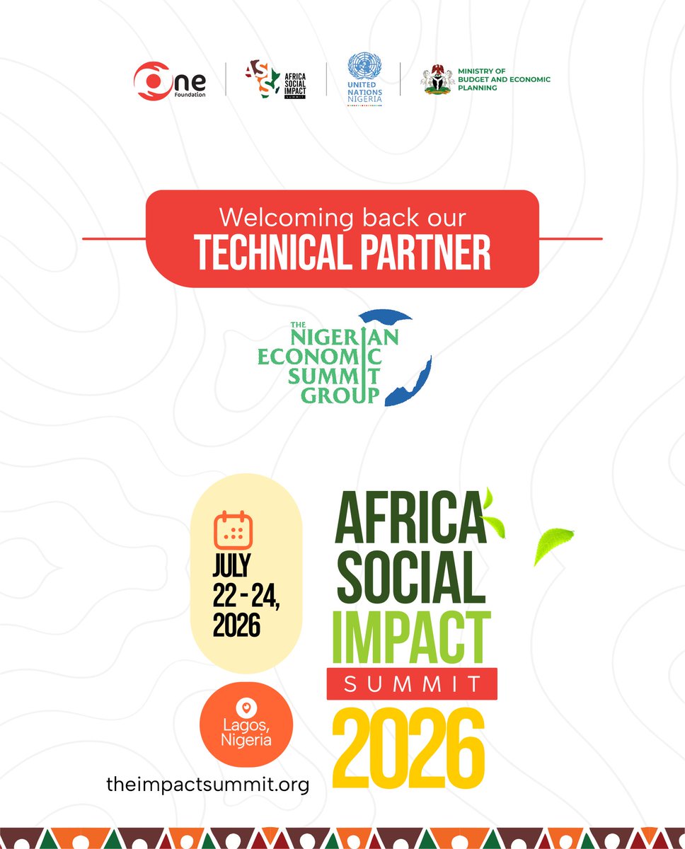 onefoundationng's tweet photo. The future of Africa depends on bold ideas, strong institutions, and partnerships that inspire action.

We are proud to welcome the Nigerian Economic Summit Group (NESG), the Lagos Business School Sustainability Centre, and the Nigeria Employers’ Consultative Association (NECA) as Technical Partners of the Africa Social Impact Summit (ASIS) 2026.

Through their leadership in economic policy, sustainable business, private sector development, and responsible leadership, these institutions are helping to shape a more resilient, competitive, and inclusive Africa.

Their partnership reflects a shared commitment to advancing practical solutions, strengthening collaboration across sectors, and creating lasting impact for people and communities across the continent.

Join us at ASIS 2026 as leaders, investors, policymakers, business executives, development partners, and changemakers come together to accelerate sustainable development and unlock new opportunities for Africa.

Register today: https://t.co/UouksNiyc3

📅 July 22–24, 2026
📍 Eko Convention Centre, Lagos

#ASIS2026 #FinancingForDevelopment #SustainableDevelopment #PartnershipsForImpact #AfricaDevelopment #PrivateSectorLeadership