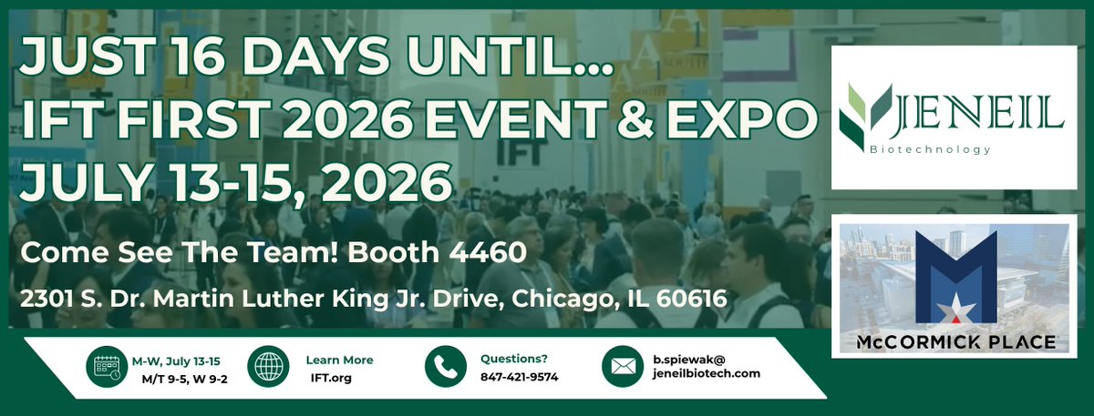 JeneilBiotech's tweet photo. 16 days to IFT FIRST 2026 — Chicago, here we come.

Visit Jeneil at Booth 4460 to talk flavor systems, application support, and innovation.

Planning schedule? Message to set a meeting.

July 13–15 | McCormick Place | Chicago
#Jeneil #IFTFIRST2026 #FoodScience #FlavorInnovation https://t.co/dOqsMiqwPG