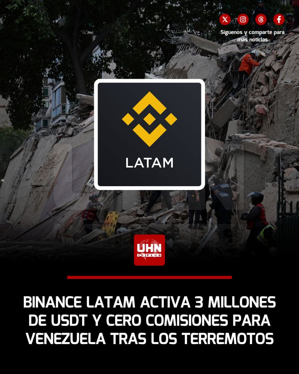 UHN_Plus's tweet photo. 🇻🇪‼️ | Binance LATAM activa un fondo de emergencia de 3 millones de USDT para los afectados por los terremotos en Venezuela, con vouchers de 20 USDT para usuarios que cumplan requisitos. Además, elimina todas las comisiones en transacciones P2P y pagos Binance Pay en el país hasta el 2 de julio.