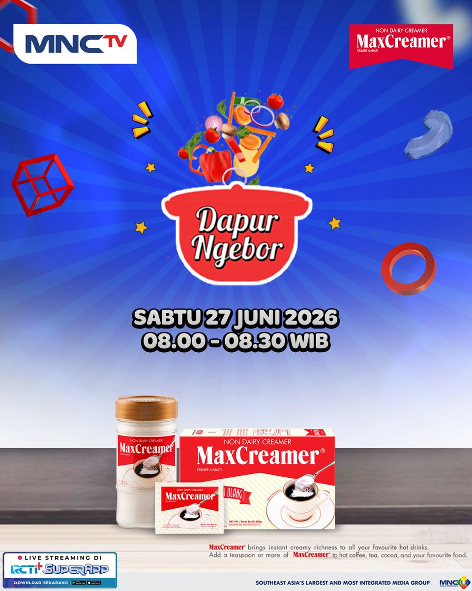 Official_MNCTV's tweet photo. Masak seru, Sabtu seru! 🍲✨

Bingung mau masak apa buat akhir pekan? Yuk, intip resep masakan dan minuman super creamy dan gurih di Dapur Ngebor bareng MaxCreamer! Krimer nabati andalan yang bikin menu favorit keluarga jadi makin nikmat menggugah selera. ☕️🥘 https://t.co/E3Pw59Jpy0