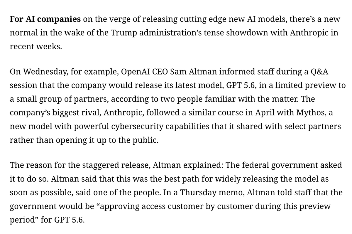 theaifield's tweet photo. 🚨The Trump administration reportedly asked OpenAI to limit early GPT-5.6 access to approved partners over security concerns. A wider release could follow within weeks. https://t.co/oRTeEfypaY