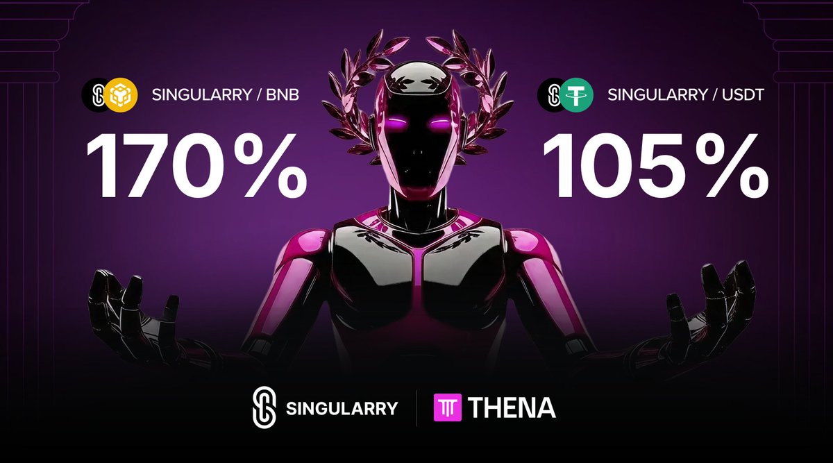 singularryai's tweet photo. Closing the week with another opportunity to grow your SINGULARRY holdings on @ThenaFi 📈

🔹 SINGULARRY/BNB: ~170% APR
🔹 SINGULARRY/USDT: ~105% APR

💧 Turn your $SINGULARRY into productive liquidity
⚡ Active incentives continue rewarding LPs
🆕 Choose your strategy: earn THE or earn trading fees
🔁 Two pools, flexible ways to earn

Every new LP strengthens the ecosystem while generating yield. Add liquidity before the weekend and keep your assets working 👇