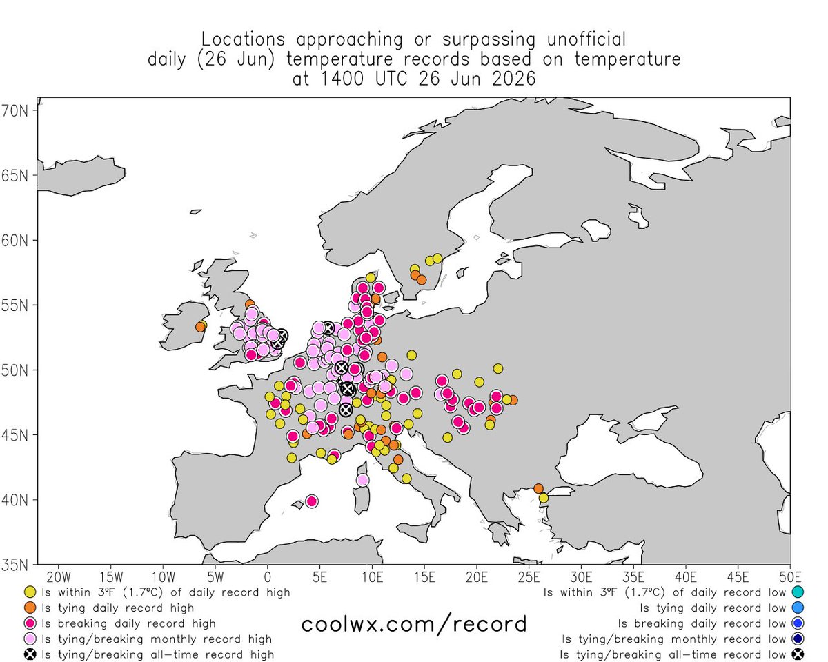 RAM_meteo's tweet photo. Caen récords de temperaturas máximas absolutas en diversos lugares de Europa, círculos negros, a 26 de junio de 2026, y mañana, más.
#OladeCalor https://t.co/IBPoeWFqB7