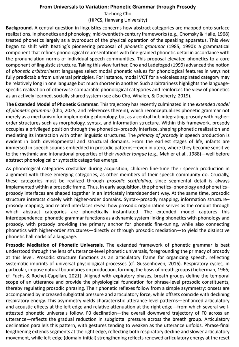 phono_logical's tweet photo. “From Universals to Variation: Phonetic Grammar through Prosody” by Taehong Cho (June ’26) #LabPhon20 https://t.co/1pw0Ii2xbW