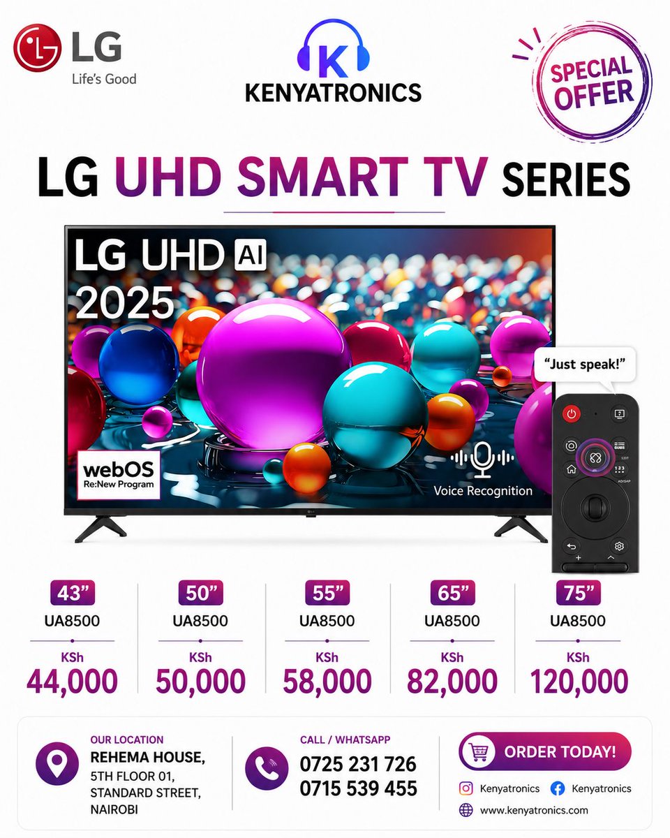 kenyatronics's tweet photo. LG TV Deals Are Here! 🔥
From home-use printers to enterprise printing solutions, Kenyatronics has the perfect LG TV for you.
💰 Competitive prices
📞 0725 231 726 | 0715 539 455
📍 Rehema House, Standard Street, Nairobi
#Kenyatronics #HPPrinters #PrinterDeals https://t.co/6okZ13B7wp