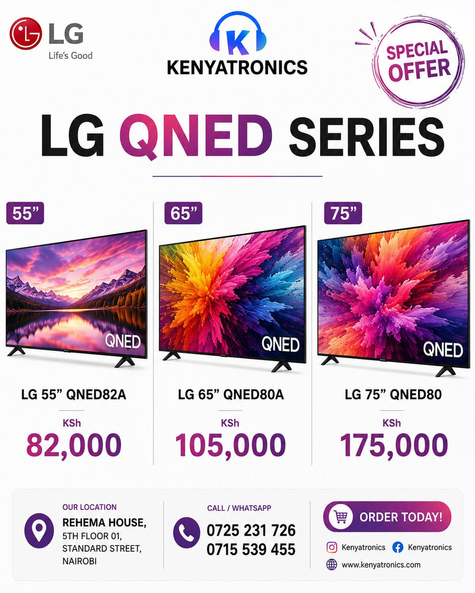 kenyatronics's tweet photo. LG TV Deals Are Here! 🔥
From home-use printers to enterprise printing solutions, Kenyatronics has the perfect LG TV for you.
💰 Competitive prices
📞 0725 231 726 | 0715 539 455
📍 Rehema House, Standard Street, Nairobi
#Kenyatronics #HPPrinters #PrinterDeals https://t.co/6okZ13B7wp