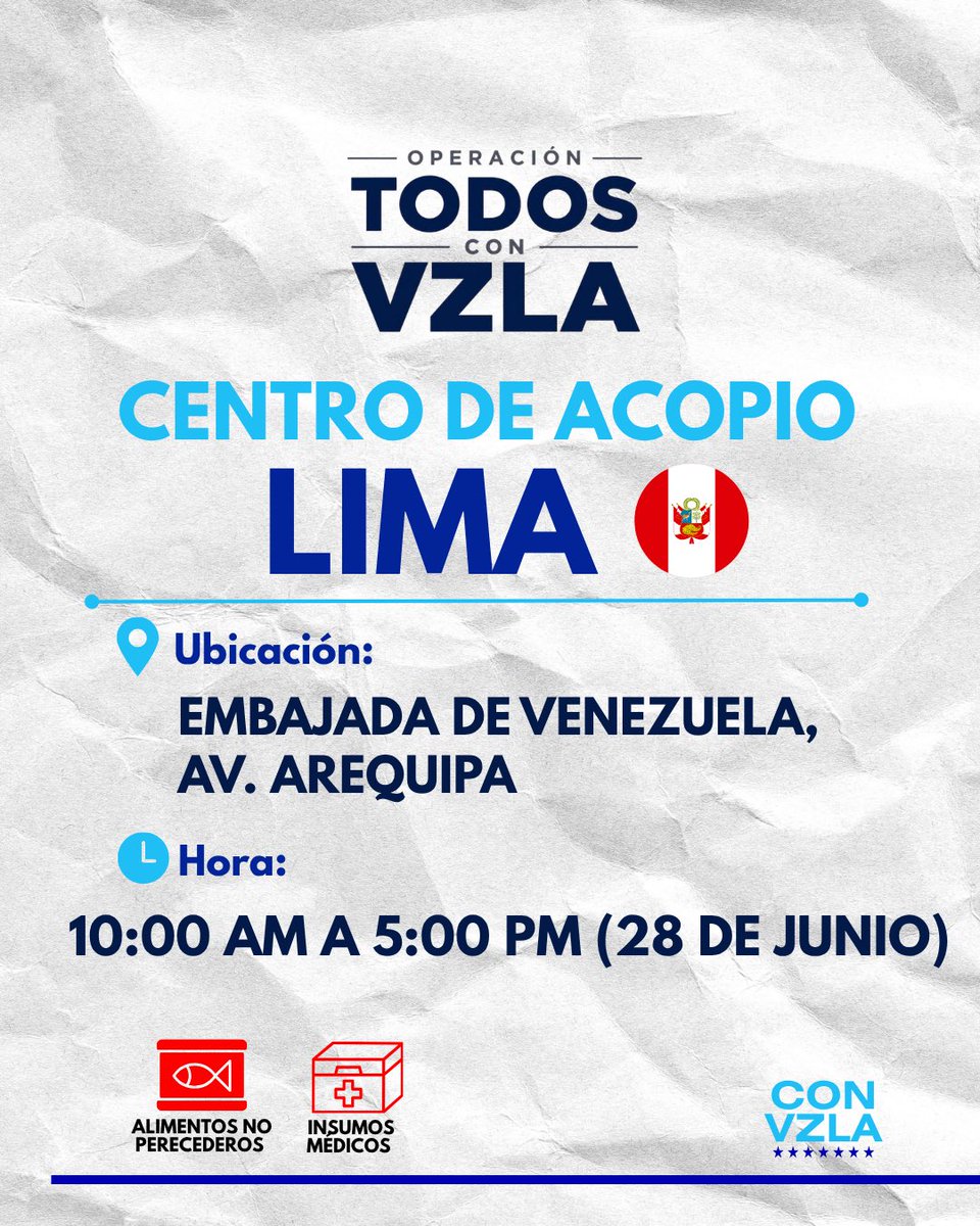 MundoConVzla's tweet photo. #TodosConVzla en el Mundo 🇻🇪

ATENCIÓN ‼️ Seguimos sumando centros de acopio en el mundo 🚨

📍Centro de Acopio Perú 🇵🇪 https://t.co/KygNNsKRWt