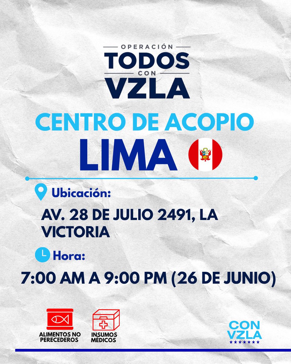 MundoConVzla's tweet photo. #TodosConVzla en el Mundo 🇻🇪

ATENCIÓN ‼️ Seguimos sumando centros de acopio en el mundo 🚨

📍Centro de Acopio Perú 🇵🇪 https://t.co/KygNNsKRWt