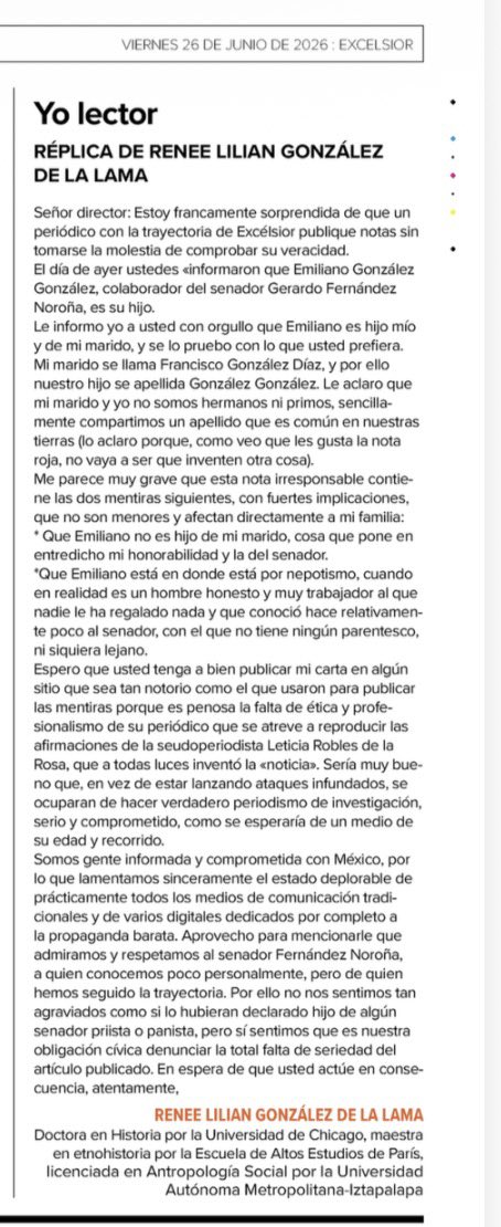 carolina_rocha_'s tweet photo. Se disculpa @El_Universal_Mx y reconoce que no hay grabaciones que sustenten la entrevista de Carlos Monsivais sobre el expresidente López Obrador. 
El reconocimiento del error en sus “controles editoriales” es en la página 2 del impreso y acepta que no se entregaron grabaciones de la entrevista que sustentaran el material de Edmundo Cazares.
Por su parte Excelsior publica como carta de lector la exigencia de disculpas en torno a la paternidad del Senador Noroña de su empleado Emiliano González.
Días complicados para dos instituciones de los diarios impresos de México.