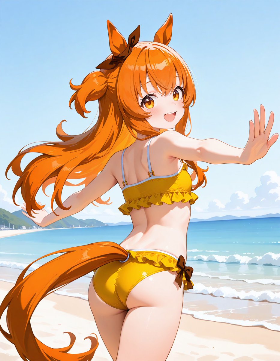 maple_ai_illust's tweet photo. トレーナーと海に来れてはしゃぐマヤちゃん  

#ウマ娘 
#マヤノトップガン 
#AIイラスト https://t.co/d7hVHnAoP2