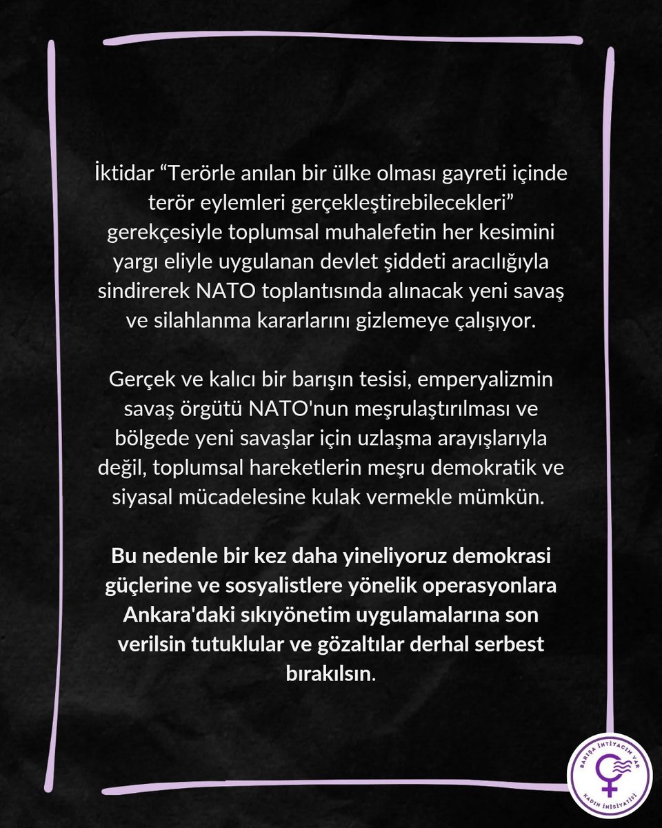 inisiyatif2025's tweet photo. Emperyalist savaş örgütü NATO Ankara’ya gelmeden önce yüzden fazla arkadaşımız tutuklandı.
Bir kez daha yineliyoruz demokrasi güçlerine ve sosyalistlere yönelik operasyonlara  Ankara'daki sıkıyönetim uygulamalarına son verilsin tutuklular ve gözaltılar derhal serbest bırakılsın! https://t.co/45a6l46OGu