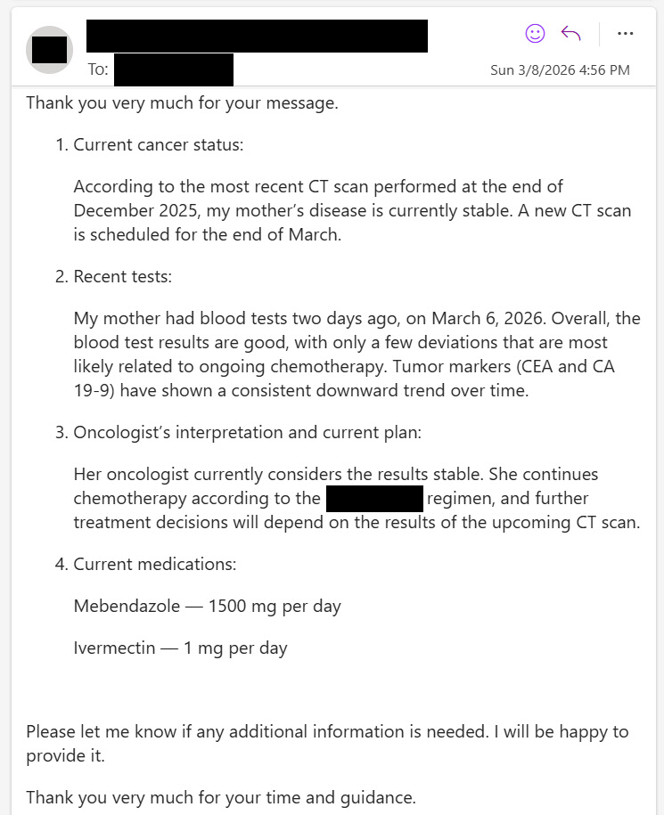 MakisMedicine's tweet photo. NEW ARTICLE: IVERMECTIN and MEBENDAZOLE Testimonial - 64 year old woman in RUSSIA with Stage 4 Colon Cancer with pelvic and lung metastases reports after 4 months: improving!

While a Pedophile network funded by Big Pharma succeeded in criminalizing "Right to Try" with Ivermectin in Canada, cancer patients in Russia continue to benefit!! 🇷🇺😃

STORY:
64 year old woman in RUSSIA with Stage 4 Colon Cancer with pelvic and lung metastases

2022 Apr - Had right hemicolectomy
2022 & 2023 - Had 1st line chemo XELOX
2024 - 2nd line Irinotecan
2025 Sep - 3rd line LV5FU2 (de Gramont) 
(progression of lung metastases)

2025 Oct she started:

Ivermectin 1mg/kg/day
Mebendazole 1500mg/day

Results after 4 months:

“Tumor markers CEA and CA19-9 have shown a consistent downward trend over time”

This patient had been progressing for three years and was on 3rd line chemo when she started Ivermectin and Mebendazole, and finally turned things around! 👏

For the past 2 years I've been attacked by a network of Pedophiles funded by Big Pharma who are embedded in healthcare bureaucracies in Canada as well as the Courts.

I call them Alberta Premier Danielle Smith's "pedo-mafia", as the Alberta Premier chose to work with these child molesters and have that be her legacy.

While they've succeeded in sabotaging "Right to Try" with repurposed drugs in Canada to a certain degree, the Ivermectin revolution continues to spread around the world.

Cancer patients in Russia benefit while cancer patients in Canada suffer and die needlessly.

It's unfortunate, but that's life. You get what you fight for.

If Canadians refuse to fight back, they get only what Big Pharma and its pedo-network allows them to have:

48 hour ER wait times
No Ivermectin or Mebendazole
No Right to Try
Incompetent jabbed doctors

Everyone else around the world will continue to benefit. 😉

I have helped over 9000 Cancer patients with Ivermectin, Mebendazole and Fenbendazole in the largest "Right to Try" Program in the world.