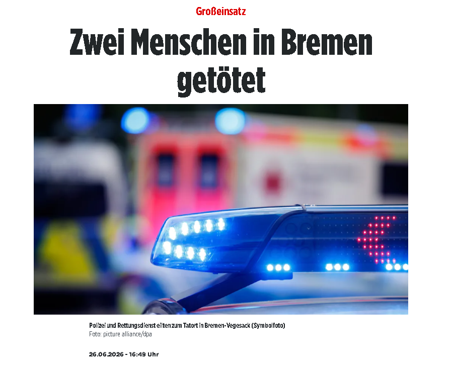 anti_grune's tweet photo. Und WIEDER! JEDEN TAG UND ÜBERALL! 

Bremen – Ein Unbekannter hat zwei Menschen in Bremen getötet. Die Polizei entdeckte einen Mann mit tödlichen Stich- und Schnittverletzungen auf einer Straße und eine tote Frau im Keller eines Mehrparteienhauses.

Nach dem Flüchtigen werde nun mit Hochdruck gefahndet.