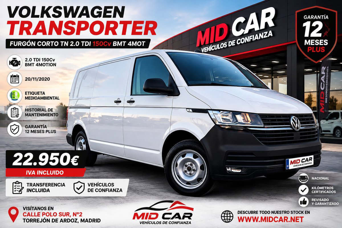 MidcarVehiculos's tweet photo. 🚐 ¡LA FURGONETA QUE TU NEGOCIO NECESITA YA ESTÁ EN MID CAR!
Potencia, fiabilidad y tracción total para que ningún trabajo se te resista.
🔥 Volkswagen Transporter Furgón Corto TN
✅ 2.0 TDI 150 CV
✅ 4Motion (Tracción total)
💰 22.950 € IVA INCLUIDO
🌐 https://t.co/passaTn42i https://t.co/e9NXRZI7lb
