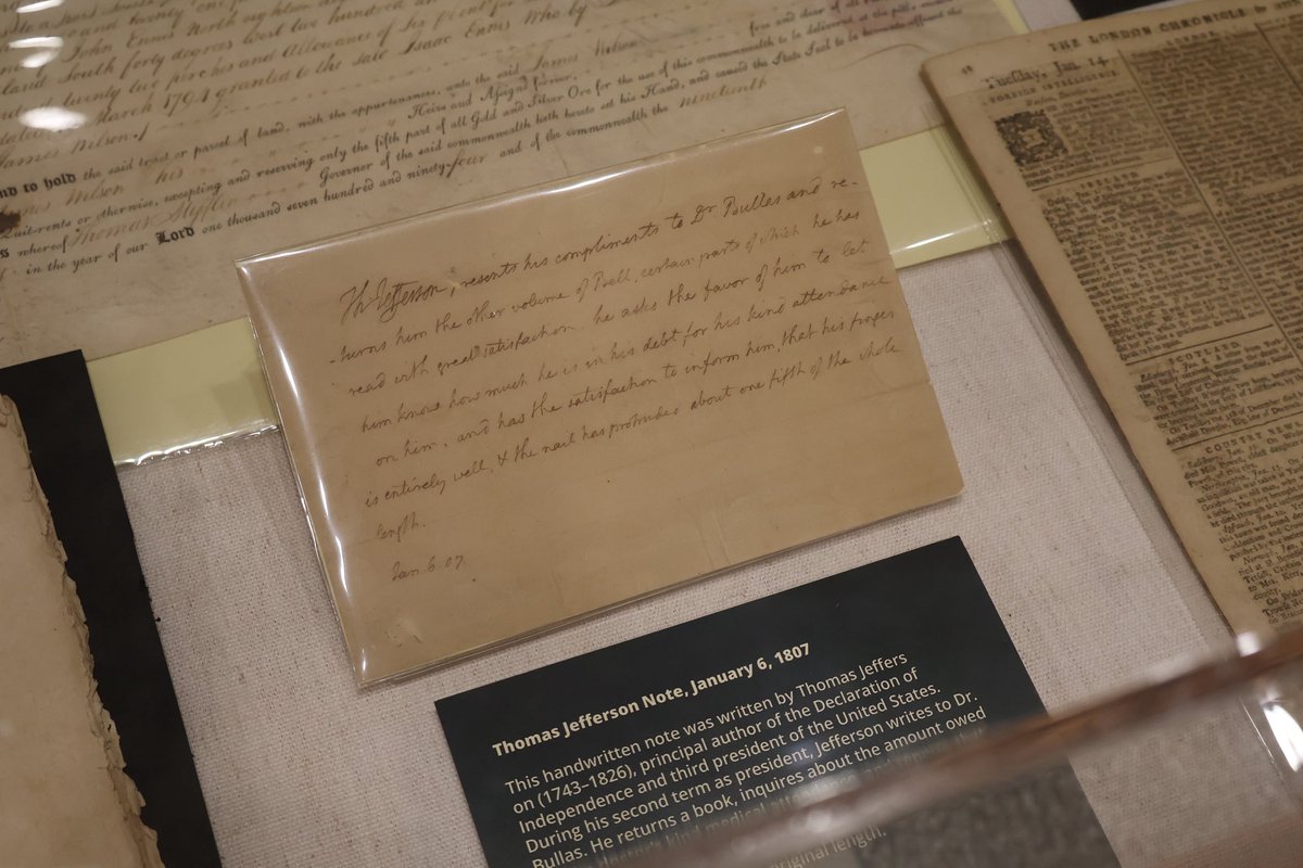 Cole_Jester's tweet photo. As America approaches its 250th anniversary, my office is showcasing the ideas, documents, and everyday Americans who shaped our founding. 

On display is an 1807 handwritten note by Thomas Jefferson, along with artifacts highlighting the lives, work, and sacrifices of the men and women whose dedication helped secure American independence.

Visit the State Capitol June 30th for Liberty Day to explore these exhibits and reflect on the history that built our nation.