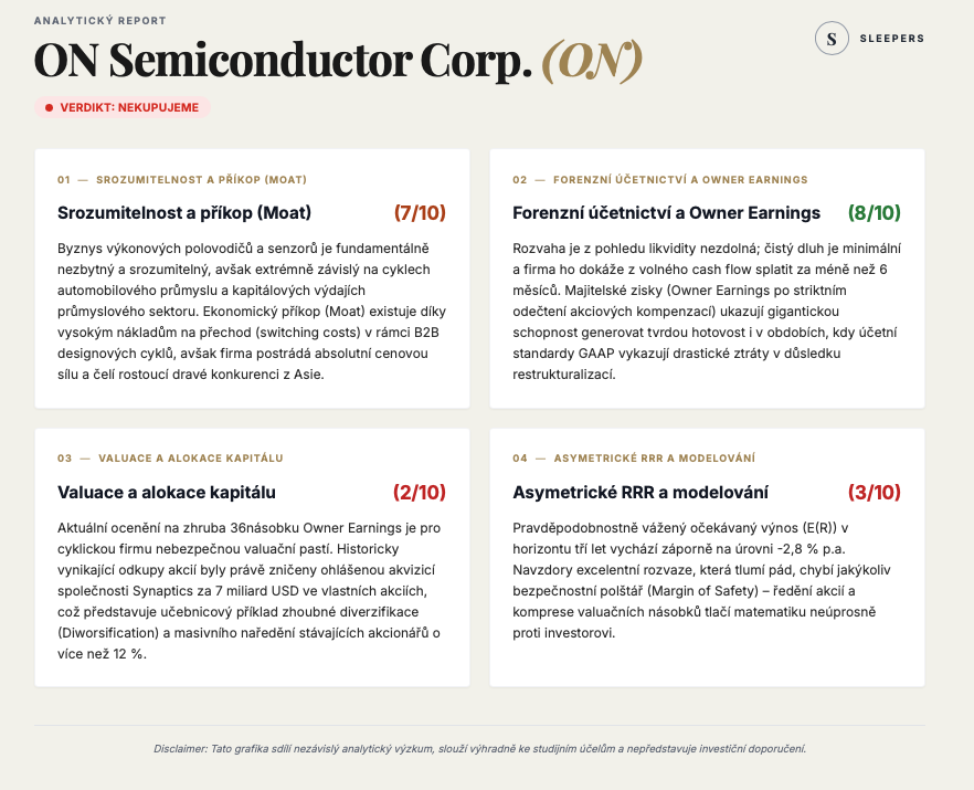 Sleeperscz's tweet photo. ON Semiconductor ($ON) má sice silnou rozvahu a dokáže generovat brutální hotovost i v horších časech, ale aktuálně je to ukázková valuační past. 

Pro cyklickou firmu platit 36násobek majitelských zisků je extrémní riziko. Zvlášť když management právě zničil historii skvělých odkupů tím, že kupuje Synaptics za 7 miliard USD ve vlastních akciích. Tohle ukázkové naředění o více než 12 % matematicky srazí EPS do kolen. Náš pravděpodobnostní model ukazuje kvůli kompresi násobků a tomuto ředění očekávaný výnos -2,8 % p.a. Bezpečnostní polštář zcela chybí.  

Tady jsou naše tvrdá data. 👇