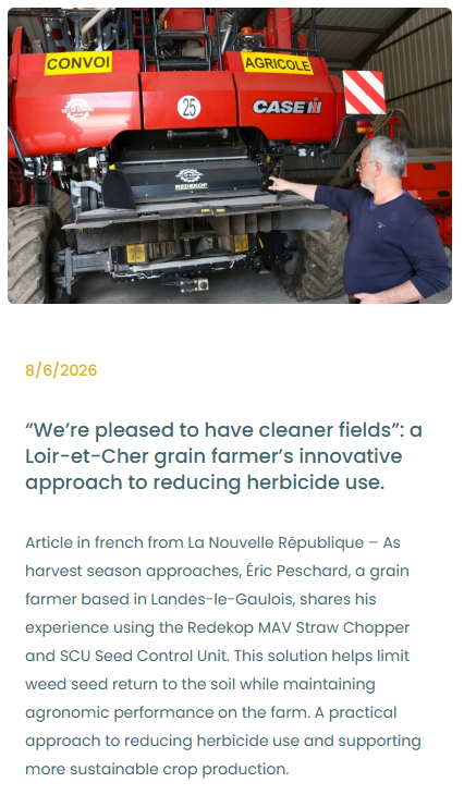 redekopmfg's tweet photo. We're proud to see producers around the world finding new ways to reduce weed pressure and improve sustainability.

In a recent article from La Nouvelle République, French grain farmer Éric Peschard shares his experience using the Redekop MAV Straw Chopper and SCU Seed Control Unit to help reduce weed seed return to the soil while maintaining agronomic performance.

It's great to see harvest weed seed control continuing to gain traction as growers look for practical solutions to herbicide resistance and long-term weed management.
Read the full story here:https://t.co/Za5Pbrqu0E

@OriaAgriculture

#HarvestWeedSeedControl #Agriculture #Farming #SustainableAgriculture #Redekop #SCU #MAV