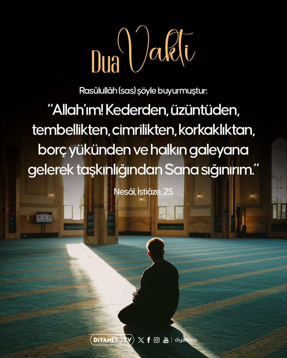 DiyanetTV's tweet photo. #DuaVakti

Rasûlullâh (sas) şöyle buyurmuştur:

❝Allah’ım! Kederden, üzüntüden, tembellikten, cimrilikten, korkaklıktan, borç yükünden ve halkın galeyana gelerek taşkınlığından Sana sığınırım.❞

[Nesâî, İstiâze, 25] https://t.co/KeEdqtul5A