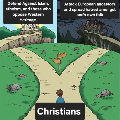 HammerandVajra's tweet photo. The appeal of Christianity doesn't  make sense to me and here is why.

Tbh as someone who was a Buddhist for 15 years before adding on folk / IE paganims and thereby have been so for over 25 years....ngl I don't understand Christianity at all or it's appeal.

To be it is easily defeated without even full debates.

1) realize you don't need Christs salvation. And if you do need assistance or "salvation" there are none Hebraic Gods which represent this without the Judeo baggage.

2) there is nothing inherent to the Hebraic myths that presents historical facts (it's not historical at all), virtues (it contain very little virtues and the ones it does are common across Eurasia), or holiness that other European or Eurasia myths dont. So thereby no need to adhere to it or replace your own myths,heritage, or history with it.

3) it's cosmology is false and is based on using Paganism as a building block. Without Babylon, Egyptian, Persia, Greco-Romans, Celts, and Germanics it's odd foundation of cosmology and metaphysic well poisoning would fall apart.

Tbh I can't even understand the appeal at all.

The constant debate from Christians who are brainwashed or slander Pagans is growing annoying. Islam and communist atheism is ravaging the West but these useful idiots will attack those who seek deeper spirituality or a connection to their heritage and ancestors....very telling.

Lot's of lies and bad faith arguments from this subverisve individual (RT below) and many of his commenting followers.
You can't expect these people to ever have a proper discussion without strawmaning and manipulating the debate.
It always has to revolve around their failing worldview.

I'm sure there are, and I know a few, good Christians IRL, and ones who care about history, their heritage, and society, but these types who have chosen a sports team or warhammer larping faction to fan boy over and insult the other faction arbitrarily out of societal distraction and become current government in the West support them....aren't truly of any proper faith. They aren't your friends, and more and more they aren't even your cousins, folk, or mutual allies.
Especially the online ones.

I hate having to make constant posts about Christianity when I would rather make posts about Paganism, theology,  dharma, or psychological tools and self improvement....but sense the E Christian can't help but go out if their way for constant attack and to try to sow doubt or make threats (literally the devil's they accuse everyone else of being) then I will have to make comments like this now and then.

Online debates are just used as a psyop to keep you down and spread a curse of negativity. 
Be productive, keep your opponents within arms reach but don't let them distract you or interlude in your progress and growth.