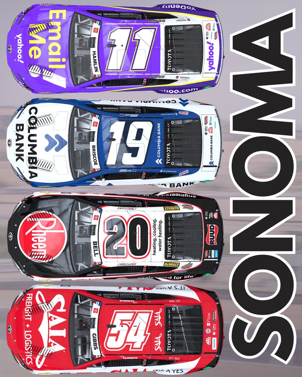JoeGibbsRacing's tweet photo. Wine country is calling 🍇🏁

Check out our NASCAR Cup Series paint schemes set to take on the twists, turns, and elevation changes of @RaceSonoma this weekend. https://t.co/3oxH6lDbXR