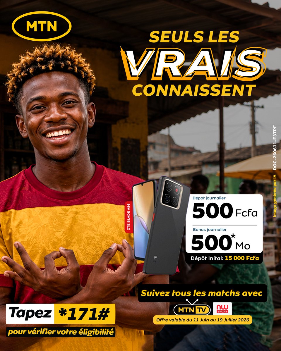 MTNBenin's tweet photo. Le bon DEAL au bon moment! Le bon TELEPHONE au bon moment!😎

Offre-toi notre smartphone ZTE A56 kpèdé kpèdé avec MTN TV préinstallé et accèdes à New World SPORT pour ne rien manquer du monde!
- Dépôt accessible
- Bonus data chaque jour
Compose *171# et procure-toi très vite le téléphone Android du moment pour ne rien manquer des ambiances de folies!
#MTNBenin #DjoGbaloufouDo #ToutDonnerEnsemble
