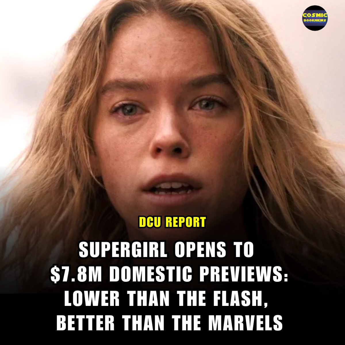 cosmicbooknews's tweet photo. Here we go! The first Supergirl box office numbers are in!

Supergirl opens to $7.8M in previews, which includes WEDNESDAY and THURSDAY!

That figure lands above The Marvels ($6.6M) but below The Flash ($9.7M).

Supergirl also opened to $13 million in its global first day, a number not far off the $12 million first day of Steven Spielberg’s Disclosure Day.

Box office estimates have also been revised lower from the high $50Ms now to the $40ms, with the low end at $34M.

Unconfirmed reports are also offering Supergirl is mega-bombing internationally.

more: https://t.co/aCqAE8m1QL