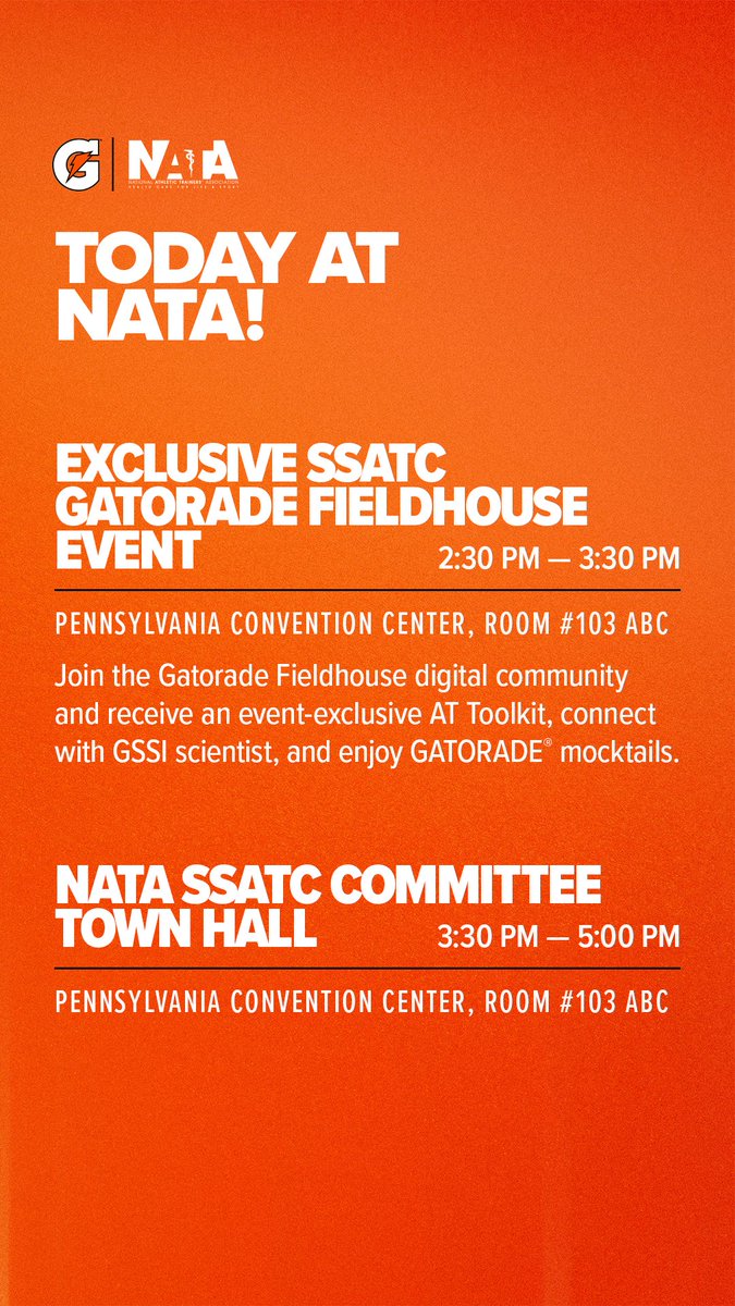 GPPartner's tweet photo. Day 1 of #NATA2026! Sample in-booth product innovations during the expo to receive an in-booth gift, celebrate NATA Hall of Fame inductees, join the SSATC Gatorade Fieldhouse Event, and stick around for the SSATC Committee Town Hall. See the full schedule: https://t.co/D6krevBWk7 https://t.co/J7dhvYvS5h