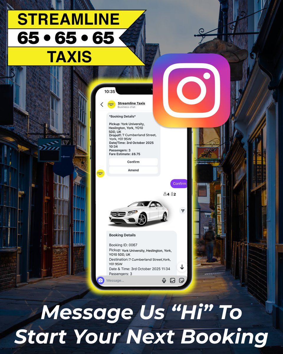 YSJSU's tweet photo. Introducing TaxiBot from Streamline Taxis! Book a taxi directly through WhatsApp, Instagram &amp; Facebook Messenger. Simply send a message saying "Hi" to get started.

✅Instant responses
✅Available 24/7
✅Quick &amp; simple

WhatsApp: 01904 656565
Instagram: @SteamlineTaxisLocal

#Ad https://t.co/AW4spM2AuK