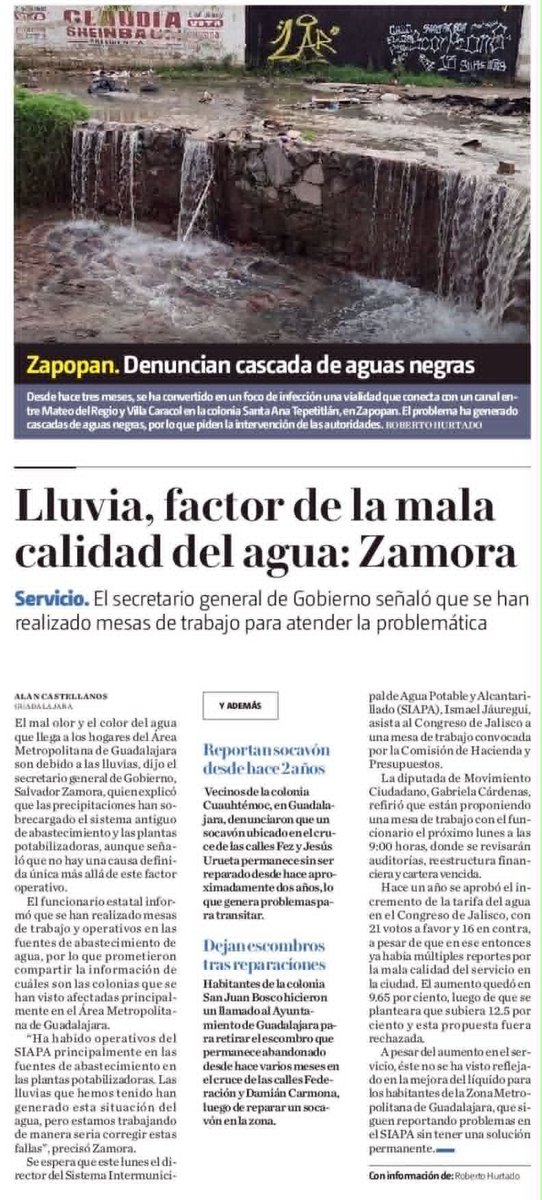 JPMS79's tweet photo. No están hallando el hilo negro, ni el gobierno ni el investigador de la UDG. 

Lo hemos advertido, con el inicio del temporal hay arrastre de sólidos que llegan al sistema antiguo de conducción.

Zamorita II dice que han sobrecargado a las plantas potabilizadoras.

Pero eso indica dos cosas: 
1) NO han logrado controlar las descargas de aguas residuales al sistema antiguo de conducción
2) NO se prepararon adecuadamente para esta situación que se presenta cada año con las lluvias