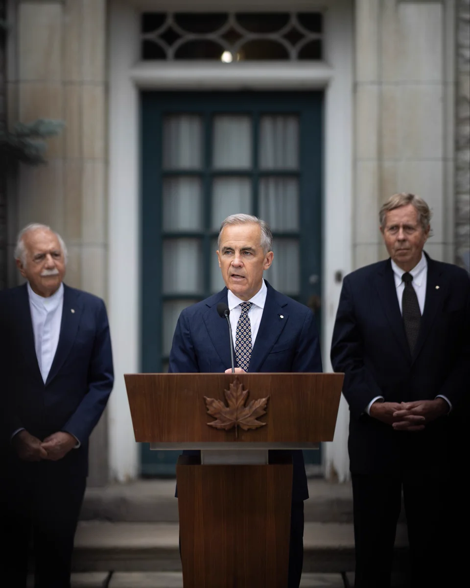 Prime Minister Carney speaking at a podium in front of 24 Sussex Drive.