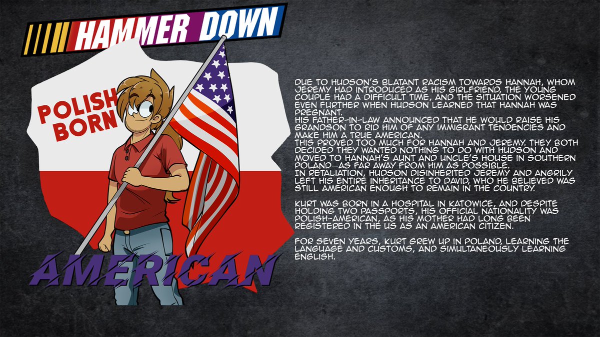 RuhisuART's tweet photo. It is ready
The Hammer Down lore update.
Simply speaking the story is pretty much the same but:
1. It's not about NASCAR anymore
2. Janette's role is improved
3. Better Kurteni bonding
4. Better explained why kurt is so Polish
5. Cody as the main villain
#originalcharacter #myart https://t.co/ENdr9vio9o