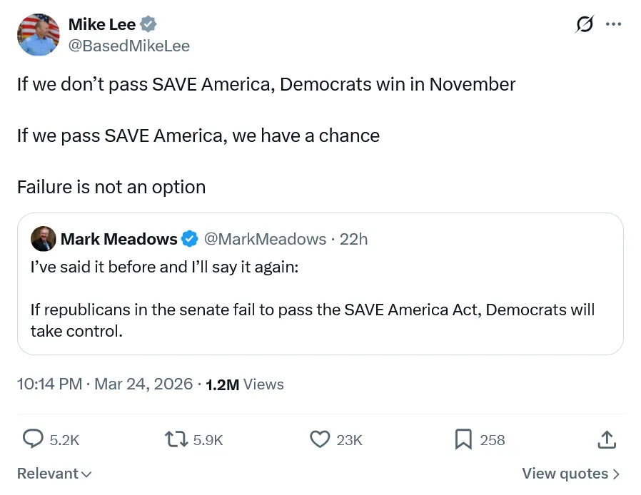 KaliTafari's tweet photo. @atrupar A sitting United States Senator just told you exactly what the SAVE America Act is really about — and he said it in public, on X, for everyone to see. https://t.co/NkxUj5PivD