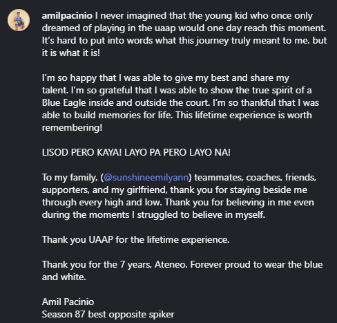 TeamAMDG's tweet photo. Thank you UAAP for the lifetime experience.

Thank you for the 7 years, Ateneo. Forever proud to wear the blue and white.

Amil Pacinio
Season 87 best opposite spiker https://t.co/AYKwcXqla8