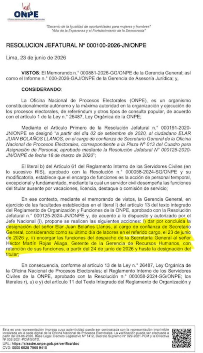 sergiosanabria4's tweet photo. #OJO GRAVE. Renuncia secretario general de la ONPE, Elar Bolaños, y denuncia la manipulación de sus equipos de cómputo y la elaboración de documentos con información alterada, que él no reconoce. Bolaños se pone a disposición de la justicia y la ONPE ya lo separó del cargo. https://t.co/aJO2EwcnNY