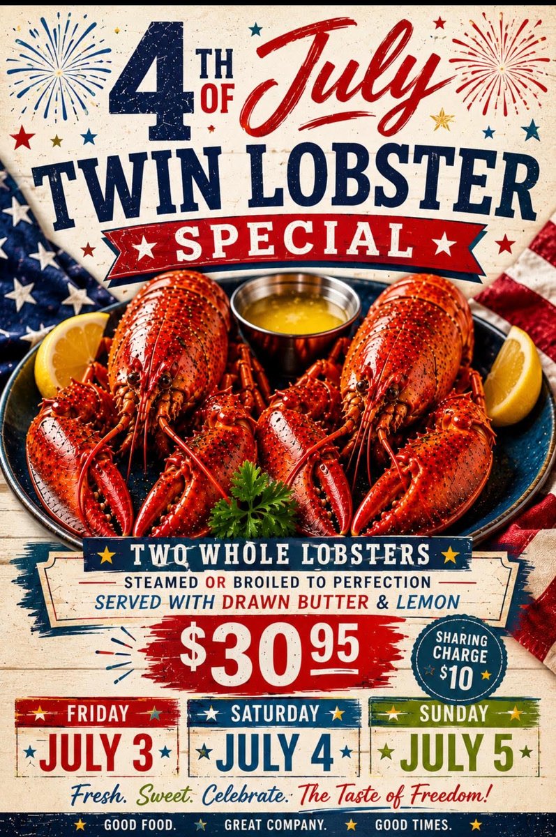 MesonSegovia's tweet photo. Mark your calendars for 4th of July weekend at Segovia Meson! 🇺🇸🦞 Join us July 3-5 for our Twin Lobster Special featuring two whole lobsters, steamed or broiled, served with drawn butter and lemon for $30.95. https://t.co/HsqRpkE0oc
