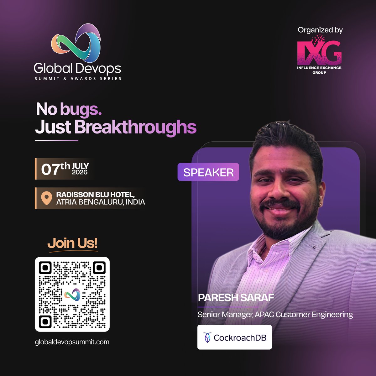 IXG2024's tweet photo. "Your database shouldn't be your single point of failure."
Meet Paresh Saraf, @CockroachDB at our #ixgdevops2026
🎟️https://t.co/G0ewxgTRTt
#ixgdevops2026 #PareshSaraf #CockroachLabs #DistributedSQL #CloudNative #DatabaseResiliency #DevOps2026 https://t.co/SQiwNueo7y