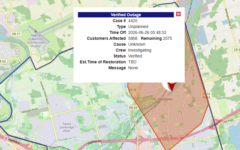 CityNewsKIT's tweet photo. JUST IN: A power outage impacting the Hespeler area of Cambridge has left just over 2,500 customers without power this morning. The cause of that outage is still under investigation.

Stay with 570 NewsRadio for the latest updates. https://t.co/6A78kgqwzn
