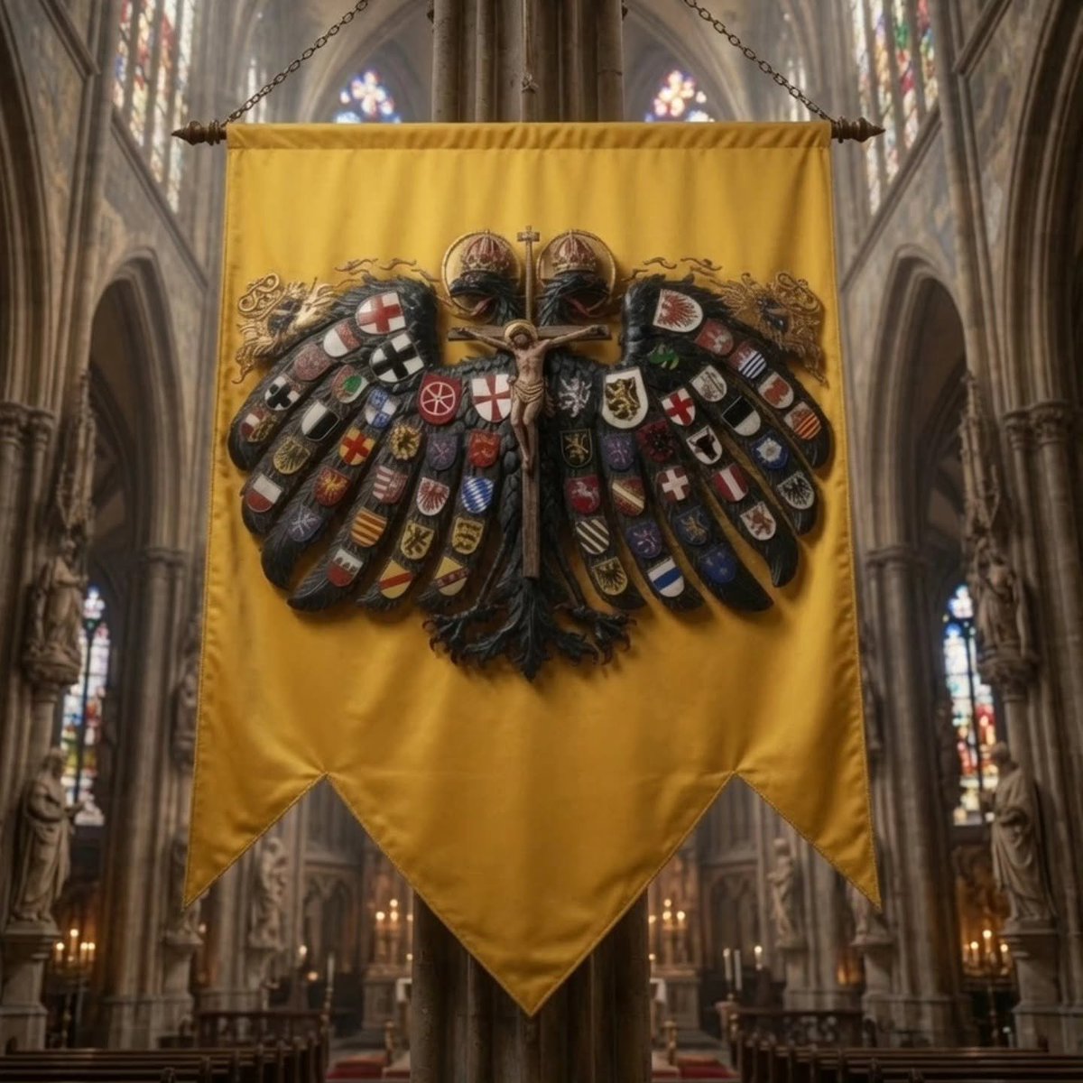HREAssociation's tweet photo. The Quaternion Eagle Banner of the Holy Roman Empire Association - Associazioni dei Nobili del Sacro Romano Impero - HREA, Established in 1963 In Rome.

The Quaternion Eagle (German: Quaternionenadler; Italian: aquila quaternione), also known as the Imperial Quaternion Eagle (German: Quaternionen-Reichsadler) or simply Imperial Eagle (German: Reichsadler), was an informal coat of arms of the Holy Roman Empire. It mixed two pre-existing concepts: the Imperial Quaternions and the Imperial Eagle (double-headed eagle).

https://t.co/pAB77lfVg5
https://t.co/G2bBVBgsIo
